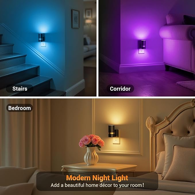 JandCase Night Lights Plug into Wall,2 Pack 10-Color Change RGB Night Light with Dusk to Dawn, 10/25/50/75/100LM Dimmable Plug in LED Nightlight for Bedroom, Hallway, Stairs