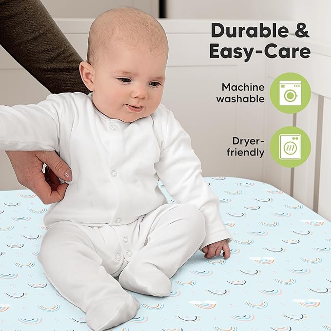 KeaBabies 2-Pack Organic Crib Sheets for Boys, Girls - 52x28 Fitted Crib Mattress Sheet Neutral, Breathable Jersey Cotton Cover for Baby Bed, Toddler Mattress, Soft & Cute Prints (Jolly Rainbow)