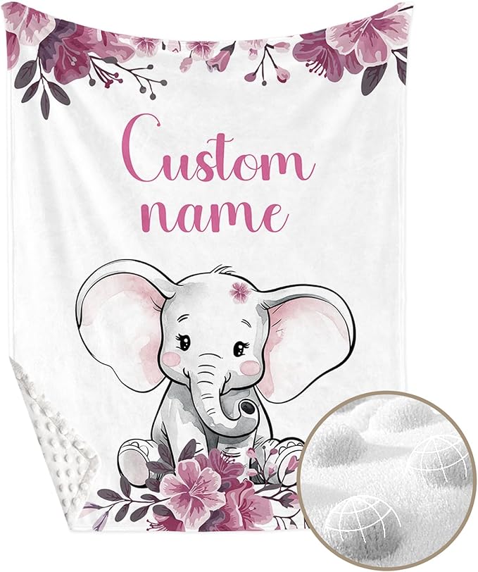Personalized Baby Crib Bedding Set, Custom Name Floral Elephant Baby Bedding 2-Pcs Set - Soft Double Layer Dotted Blanket and Fitted Sheet, Nursery Bedding for Newborn Boys Girls, Perfect Shower Gift