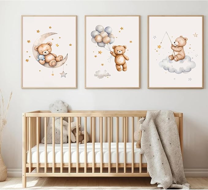Baccone Teddy Bear Nursery Wall Art Decor Baby Boy Girl Room Poster Vintage Nursery Canvas Wall Decor Toddler Kids Room Pictures Cute Bear Neutral Artwork for Bedroom Playroom 16x24 Unframed Set of 3