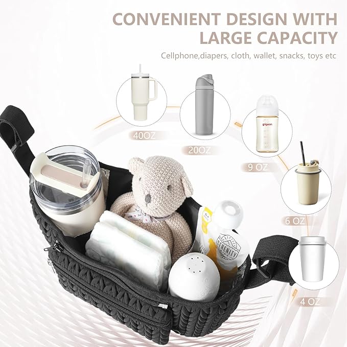 LUKJOJO Stroller Organizer With Insulated Bottle Holder- Universal Fit, Detachable Bag, Fit For Most Of The Stroller And Pet Stroller (Black-B)