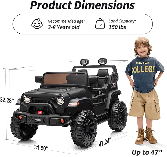 2 Seater Ride on Car Toy, 12V Electric Car for Kids 4-8 with Remote Control, Capacity 150 lb, LED Light - Black