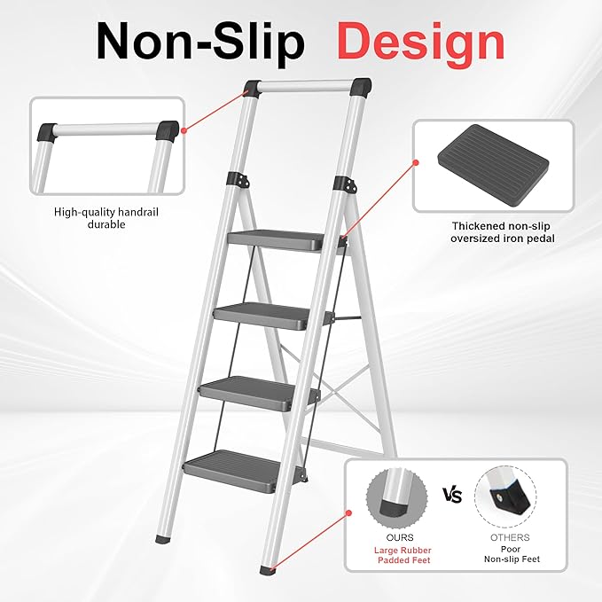 4 Step Ladder, DIAMONDFORGE Folding Step Stool with Wide Anti-Slip Pedal, Anti-Slip Feet and Handgrip, Sturdiest Steel Construction, Steel Ladder for Home, Black Grey