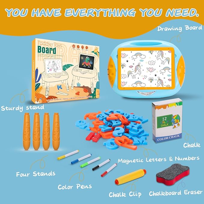 Gift for 1-2 Years Old Boy, Boy Toys with Magnetic Letters and Numbers, Portable Doodle Board Easel, Learning and Educational Toy for 1-2 Years Old Boys (Orange Blue)