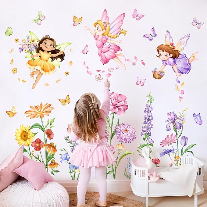 Tanlaby Flower Fairy Wall Decals Butterfly Girl with Wildflower Sunflower Wall Stickers Elves Wall Art Decor for Girl Baby Nursery Kids Bedroom Living Room