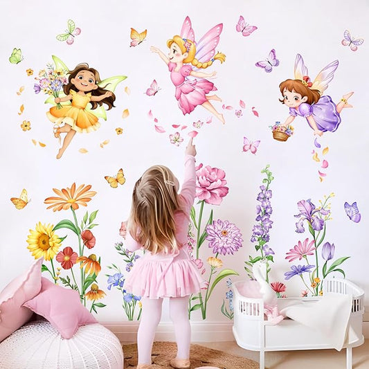 Tanlaby Flower Fairy Wall Decals Butterfly Girl with Wildflower Sunflower Wall Stickers Elves Wall Art Decor for Girl Baby Nursery Kids Bedroom Living Room