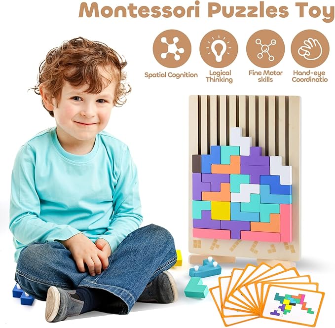 Wooden Montessori Russian Blocks Puzzle, 3D Stacking Brain Teaser Toy, Colorful Block Jigsaw Board Game, Educational Wooden Puzzle for Toddlers and Kids Ages 3–6, Learning Gift for Boys & Girls