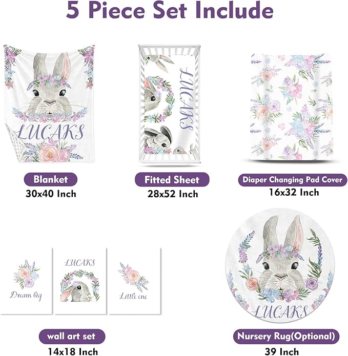 Custom Crib Bedding Set – Personalized Name Bunny Baby Bedding 5-Piece Set with Soft Blanket, Fitted Sheet, Changing Pad Cover, Rug and Wall Art – Adorable Gray Rabbit Nursery Decor for Newborn Girls