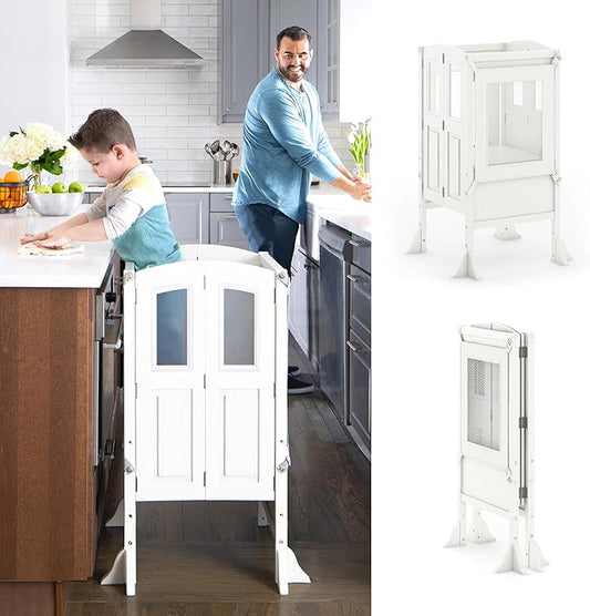Martha Stewart Kitchen Helper Toddler Tower by Guidecraft - Linen White | Foldable Wooden Learning Toddler Standing Tower & Adjustable Step Stool | Montessori Kids Counter Height Kitchen Stool