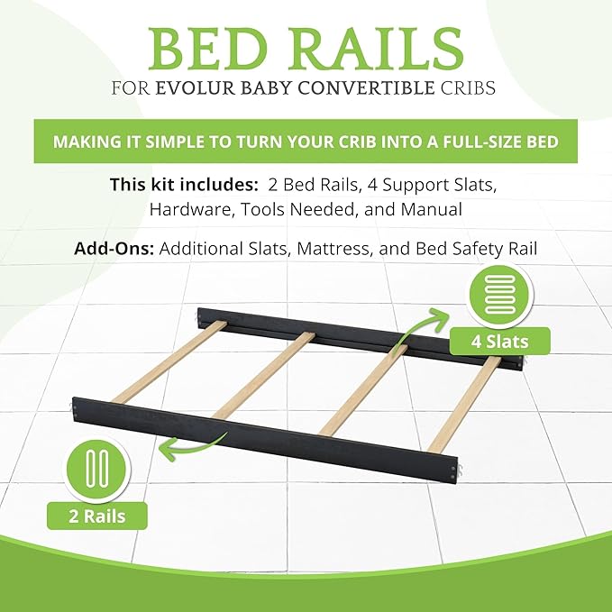Full-Size Conversion Kit Bed Rails for Evolur Cribs - Solid Wood Crib Convertible Kit to Kids Bed - Transitional Style Rails & Easy-to-Install Child Essentials for Safety (Onyx Black)