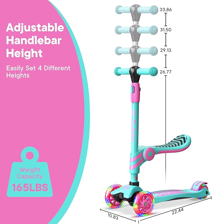 Candy 3 Wheel Scooter with Seat for Kids, Light-Up Wheels, Adjustable Lean to Steer Handlebar and Seat, Smooth Wheels, Wide No-Slip Deck, Rear Foot Brake, Toddler Outdoor Toys for Ages 2+