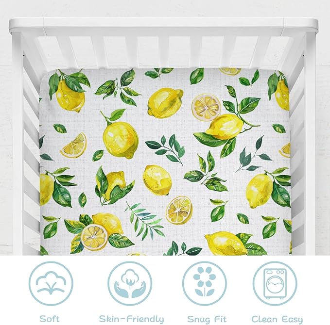 Watercolor Fresh Lemons Baby Crib Sheet 52''x28'' Summer Lemon Green Leaves Stretchy Fitted Crib Mattress Cover for Boy Girl Tropical Fruit Soft Nursery Bed Sheet for Standard Crib Toddler Mattress