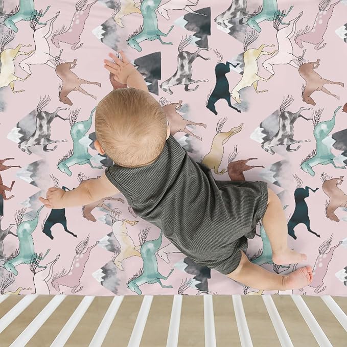 Boho Horses Mountains Baby Crib Sheets for Boy Girl 28"x52" Wild Horses Blossom Soft Snug Fitted Crib Mattress Covers Horse Lovers Nursery Baby Sheet for Standard Crib & Toddler Bed Mattress Pink