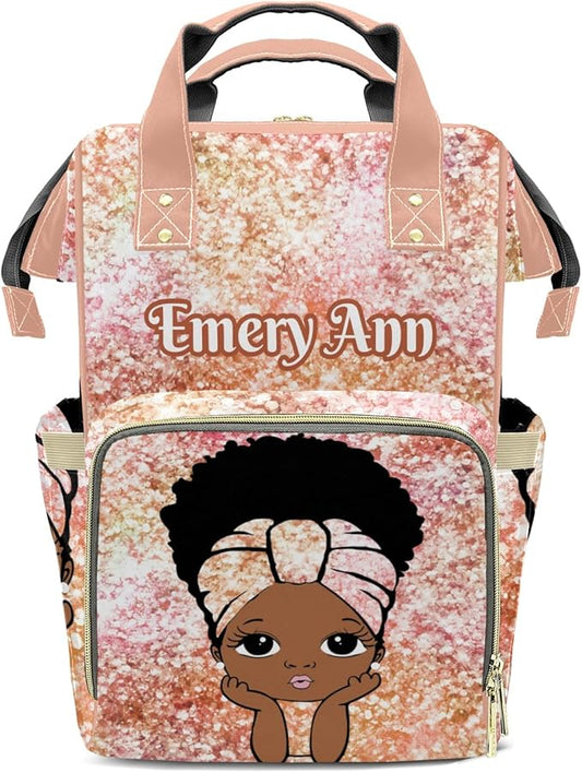 Personalized Pink Peach Unicorn Glitter Girl Custom with Name Diaper Bag Backpack For Baby Boy Girl Dad Mom Unisex for Adult Daypack Holiday Gift