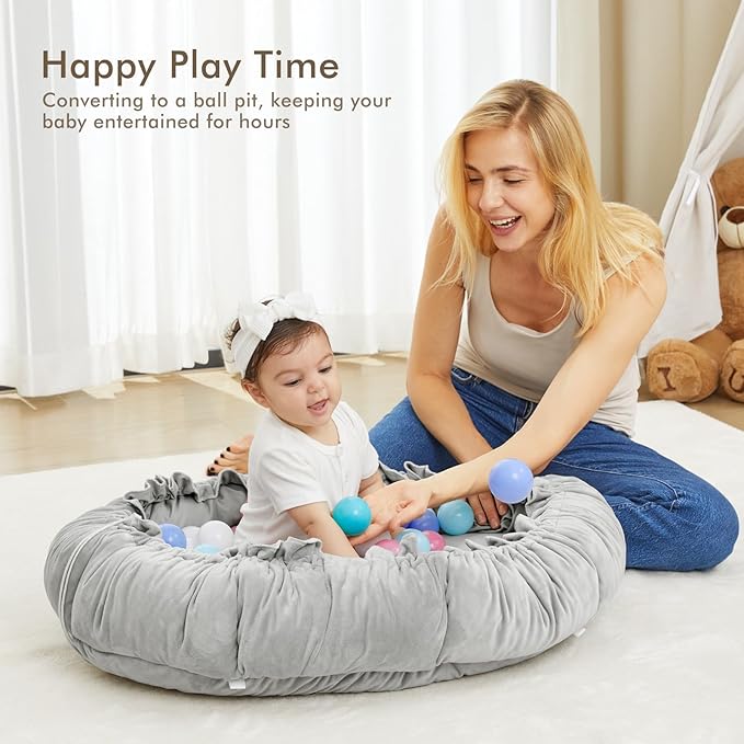 ANGELBLISS Baby Play Gym Mat, Reversible Tummy Time Mat with 6 Sensory Toys for Stage-Based Developmental, Thick & Large Baby Activity Center from Newborn to Toddler (Grey)