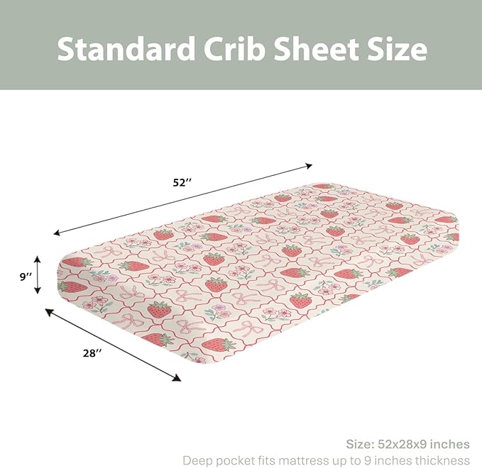Boho Strawberry Flowers Baby Crib Sheets for Girl 52"x28" Strawberries Pink Bows Checkerboard Soft Snug Fitted Crib Mattress Covers Summer Fruit Baby Sheet for Standard Crib & Toddler Bed Mattress