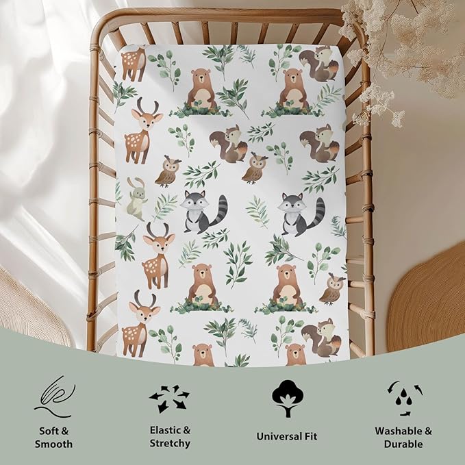 Cute Animals Green Leaves Baby Crib Sheets for Boy Girl 52"x28" Bear Deer Squirrel Bunny Owl Soft Snug Fitted Crib Mattress Cover Wild Animals Nursery Baby Sheet for Crib & Toddler Bed Mattresses