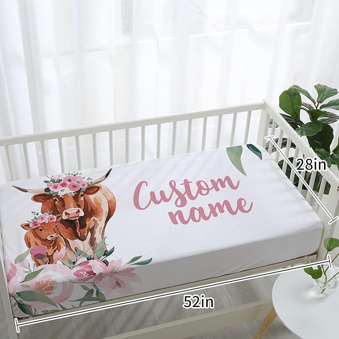Personalized Baby Crib Bedding Set: 4 Piece Custom Pink Flowered Highland Cow Crib Bed Set with Name, Nursery Bedding Set for Baby Girls, Newborn Boys Crib Sets, Crib Bedding Custom Gift, Crib Sheet
