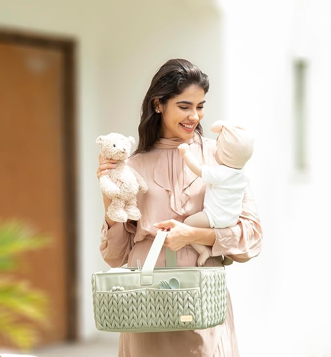 LUKJOJO Luxurious Baby Diaper Caddy, Nursery Storage Basket for Newborn Essentials, Travel Baby Basket for Diapers Baby Wipes, Organizer Tote Bag Storage Bin, Baby Shower Gifts(Sage Green)