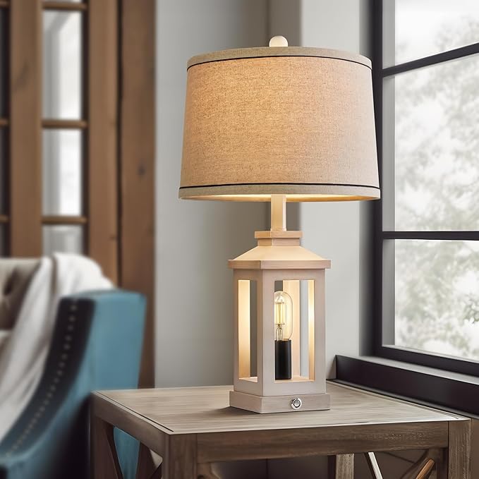 G-SAFAVA 23.75" Retro Farmhouse USB C+A Ports Table Lamp with 3 Way Dimmable Touch Control White Nightlight Vintage Modern Lamp for Living Room Bedroom with 2 Light Sources