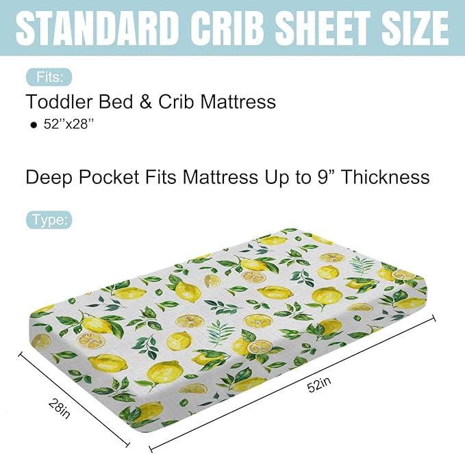 Watercolor Fresh Lemons Baby Crib Sheet 52''x28'' Summer Lemon Green Leaves Stretchy Fitted Crib Mattress Cover for Boy Girl Tropical Fruit Soft Nursery Bed Sheet for Standard Crib Toddler Mattress