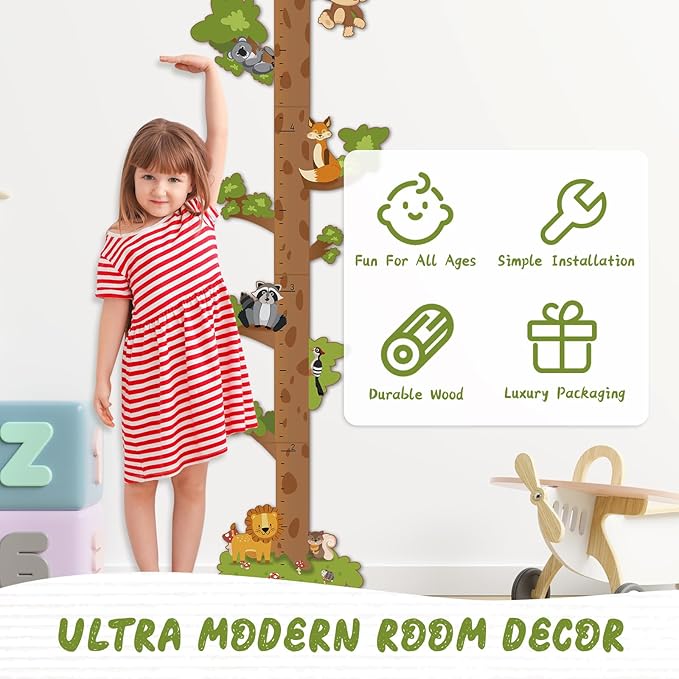 Woodemon Personalized Name Growth Chart for Kids – Wooden Tree Wall Height Chart, Children's Height Measurement Ruler 62.5" x 14.9"