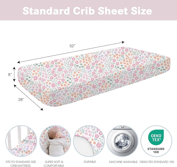 Little Grape Land Crib Sheets Baby Toddler Sheets 4 Pack Fitted for Boys Girls, Standard Size 28x52‘’ Crib Mattress, Super Soft Breathable Washable Microfiber (Floral/Blossom/Dots/Blush Pink)