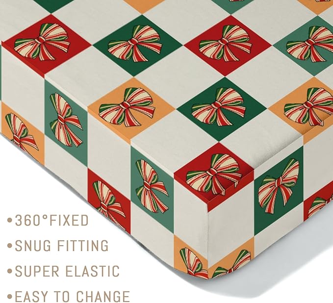 Checkerboard Christmas Bows Red Green Baby Crib Sheets for Boy Girl Vintage Bows Checkered Soft Snug Fitted Crib Mattress Covers for 52''x28'' Standard Crib & Toddler Mattress Ribbon Baby Bed Sheets