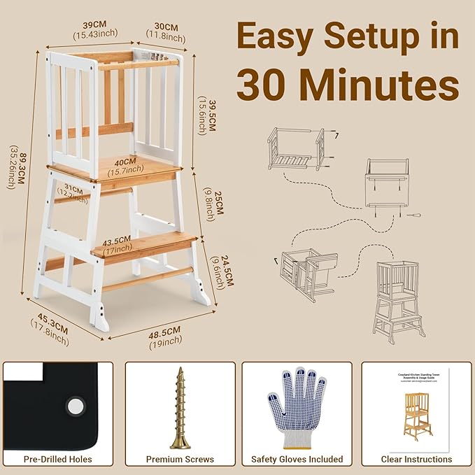 COSYLAND Kids Kitchen Step Stool Helper - Wooden Standing Tower for Kids with Anti-Tip Support Legs (White & Natural)