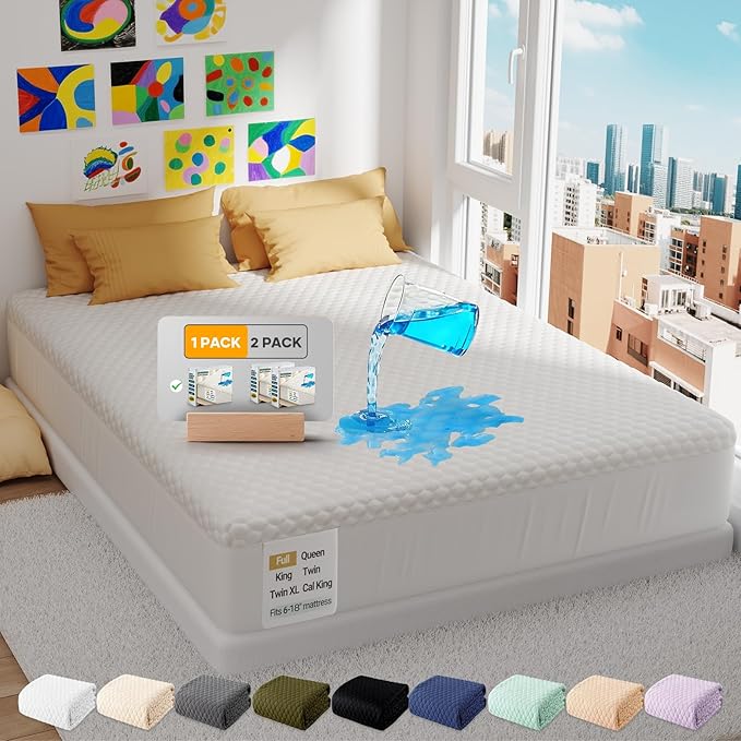 OhGeni 100% Waterproof Mattress Protector,Full Size Mattress Soft Pad,Pet Hair & Bedwetting Resistant,Cooling Breathable Fitted Sheets,Washable Bed Cover,Non-Slip Deep Pocket,Noiseless for Guest Rooms