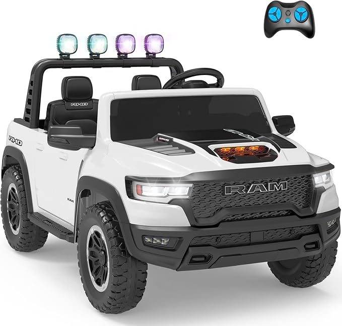 Electric Car for Kids, Licensed Ram 1500 RHO, 24V Ride on Toys for Big Kids, Battery Powered with Parent Remote Control, LED Light/Music/MP3, Back Storage, White, Roll Bar