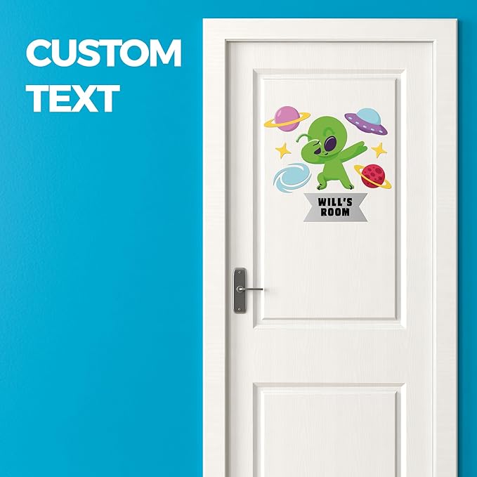 EGD Custom Alien Door Decal with Name | Door Decals for Bedroom or Nursery | Personalized Vinyl Wall Decal for Kids Room | Fun Space Theme Wall Stickers for Boys (A. Alien)