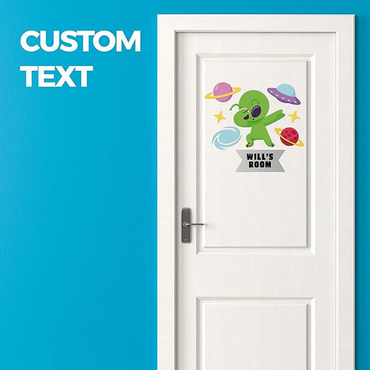 EGD Custom Alien Door Decal with Name | Door Decals for Bedroom or Nursery | Personalized Vinyl Wall Decal for Kids Room | Fun Space Theme Wall Stickers for Boys (A. Alien)