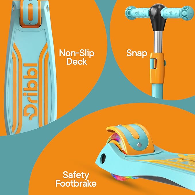 Dribbl 3-Wheel Kids Scooter - Lean-to-Steer Technology, Adjustable Height Handlebar, Wide Deck, Scooter for Boys & Girls Ages 3+, Child Safety Approved, Support Riders Up To 165 lbs, Light Blue/Orange