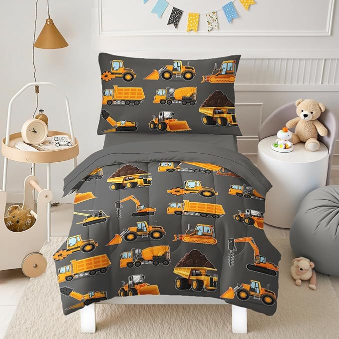 Toddler Bedding Set for Boys - 4-Piece Truck Bedding Comforter Set for Kids, Soft Comfort Construction Vehicle Bedding Includes Flat Sheet, Fitted Sheet, Comforter, Pillowcase