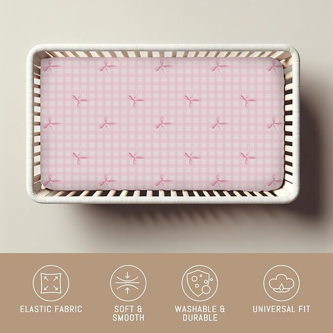 Watercolor Pink Bows Checkered Baby Crib Sheets for Girls Pastel Pink Bows Ribbon Plaid Soft Snug Fitted Crib Mattress Covers for 52''x28'' Standard Crib & Toddler Mattress Girly Valentine Bed Sheets