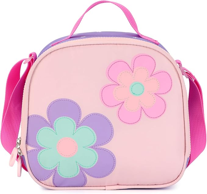 kingdisen Rolling Backpack for Girls Backpack with Wheels Kids Cute Carry on Backpack with Lunch Box Pencil Case for Elementary Student Teen Girls Luggage (TWO FLOWERS PURPLE)