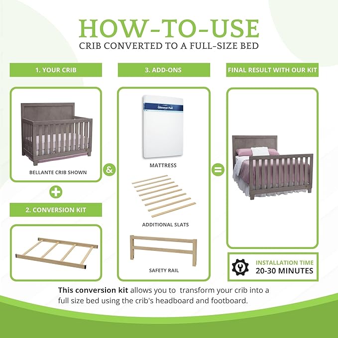 Full-Size Conversion Kit Bed Rails Compatible with Delta Children Convertible Cribs - Solid Wood Rail #0050 - Toddler and Adult Bed Rail for Full-Size Beds - Baby Furniture (Unfinished)