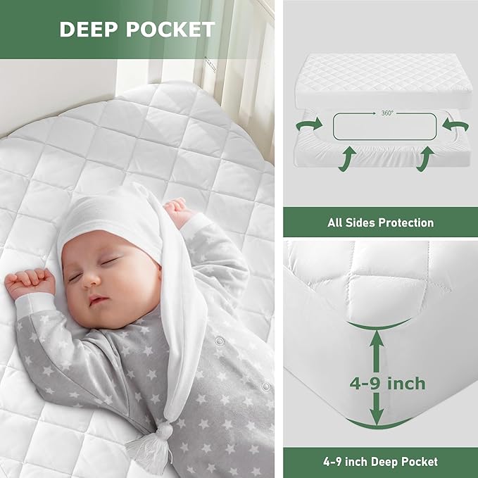 GRT 1 Pack Waterproof Crib Mattress Protector Rayon Made from Bamboo,Quilted Baby Mattress Cover Fitted Deep Pocket from 4" up to 9", Extra Breathable & Noiseless Toddler Mattress Pad 52"x28", White