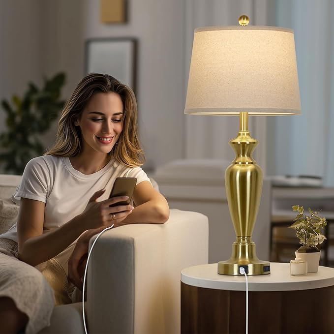 Cinyirong 30" Tall Gold Table Lamps Set of 2, Touch Control Bedside Lamp with USB A+C Ports and AC Outlet, 3-Way Dimmable Modern Metal Nightstand Lamp for Bedroom Living Room, 2 LED Bulbs Included