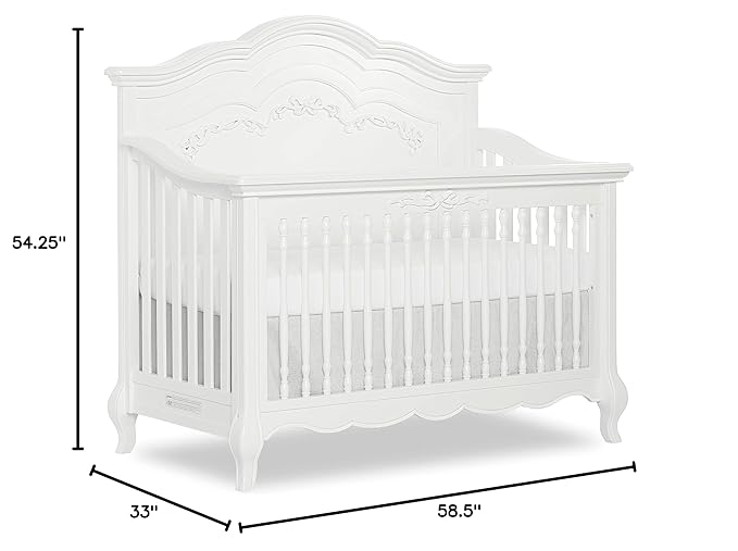 évolur Aurora 5-in-1 Convertible Full-Size Baby Crib in Frost White, GreenGuard Gold & JPMA, 3 Levels, Ribbon Bow Scrollwork & Queen Anne Feet, Converts to Toddler, Day & Full-Size Bed (Rails to Buy)