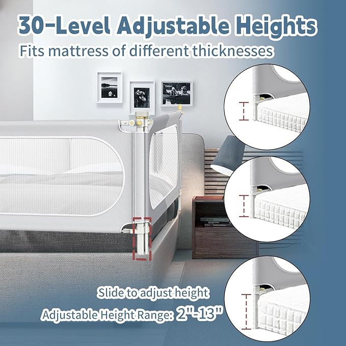 Bed Rail for Toddlers, Baby Bed Rail Guard with Double Child Safety Lock, 30 Speed Height Adjustable, Safety Toddler Bedrail for King & Queen Size Bed