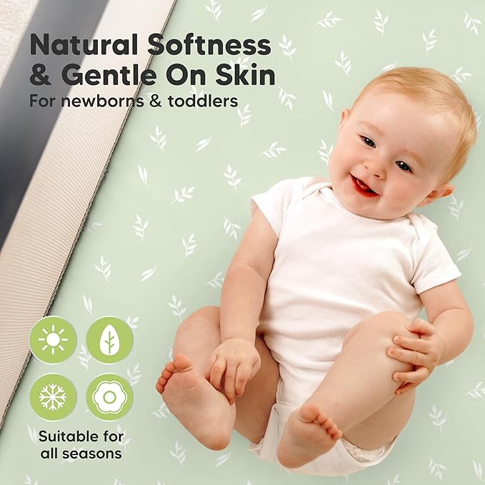 2 Pack and Play Sheets, Waterproof Mini Crib Sheets Fitted - 38x26 Organic Cotton Pack N Play Sheets for Graco Pack and Play Mattress, Playard Baby Crib Sheets, Neutral for Boy, Girl, Toddler (Herb)