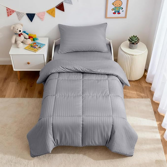 ZPECC Toddler Bedding Set - 4 Piece Hypoallergenic Baby Crib Bedding Set for Boys and Girls, Includes Toddler Comforter, Flat Sheet, Fitted Sheet and Pillowcase, Grey Stripe