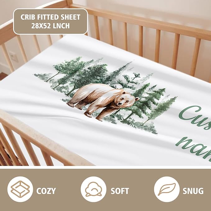 Personalized Crib Bedding Set for Boys Girls, Custom Baby Crib Sets with Name, Brown Bear Design Nursery Bedding 2 Piece - Soft Blanket with Double Layer Dotted Backing, Crib Fitted Sheet