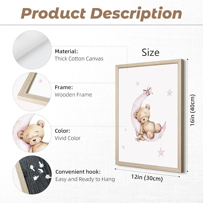 Bear Nursery Wall Art Decor Teddy Bear Wall Art Baby Girl Canvas Wall Decor Pink Pictures Balloon Nursery Children Prints Artwork Moon Star Cloud Art for Boys Room Bedroom 12x16x3 Inch Wood Framed