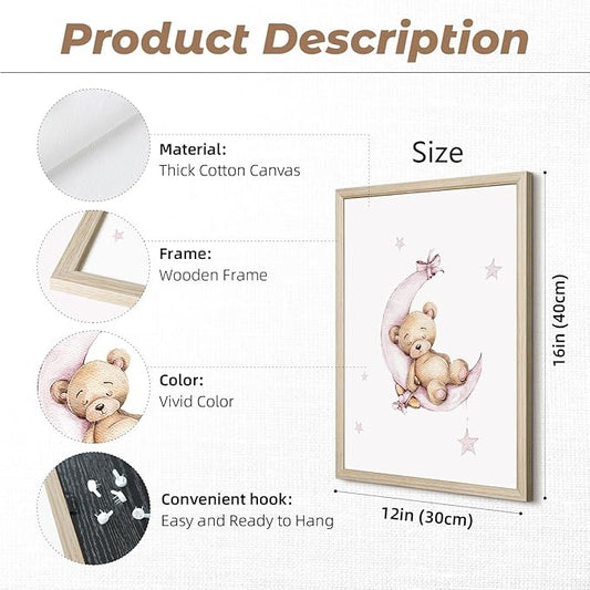 Bear Nursery Wall Art Decor Teddy Bear Wall Art Baby Girl Canvas Wall Decor Pink Pictures Balloon Nursery Children Prints Artwork Moon Star Cloud Art for Boys Room Bedroom 12x16x3 Inch Wood Framed