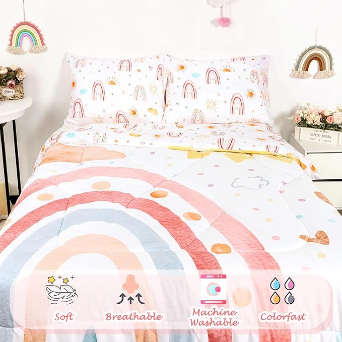 Twin Size Toddler Bedding Set for Girls- 5 Piece Rainbow Toddler Girl Bedding, Super Soft & Lightweight Toddler Comforter Set Includes Comforter, Flat Sheet, Fitted Sheet, Pillowcase (Pink)