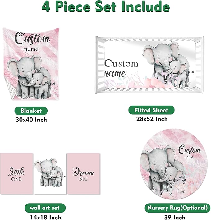 Custom Baby Crib Bedding Set,Personalized Name Pink Elephant Pattern Nursery Bed Set 4 Piece,Baby Blanket Fitted Sheet Nursery Rug Wall Art Set,Custom Room Decor Idea Gift for Newborns Boys Girls