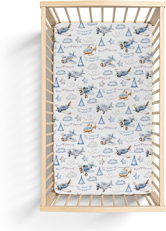 Vintage Planes Airplanes Helicopters Baby Crib Sheets Boy Girl 28"x52" Retro Stars Plane Clouds Sky Soft Stretchy Fitted Crib Mattress Cover Baby Sheet for Standard Crib & Toddler Mattress Pad